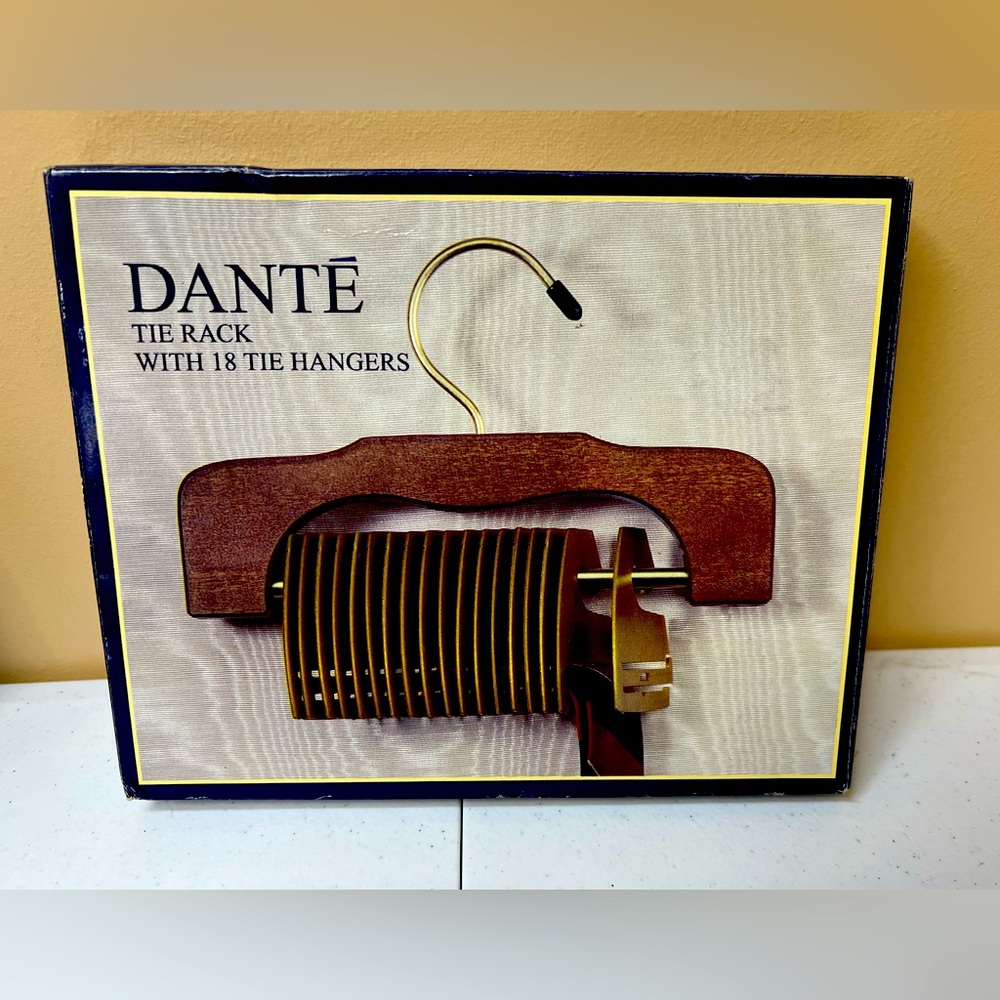 Vintage Dante wood tie rack with 18 hangers.